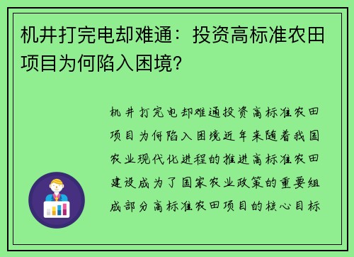 机井打完电却难通：投资高标准农田项目为何陷入困境？