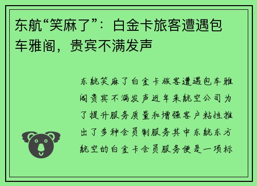 东航“笑麻了”：白金卡旅客遭遇包车雅阁，贵宾不满发声