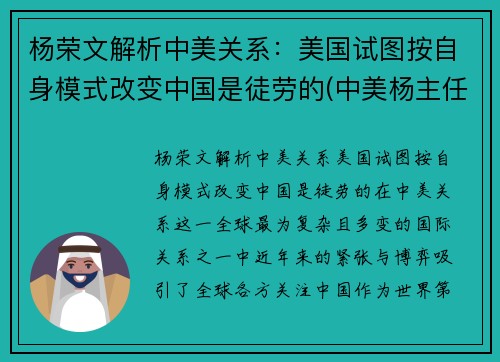 杨荣文解析中美关系：美国试图按自身模式改变中国是徒劳的(中美杨主任讲话视频)